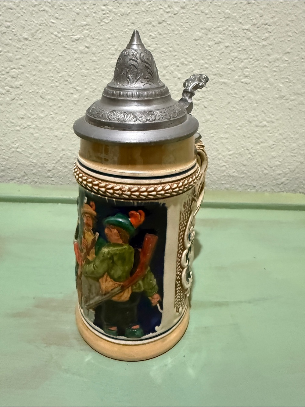 German-Style Ceramic Beer Stein with Pewter Lid - Cream & Navy 7” numbered
